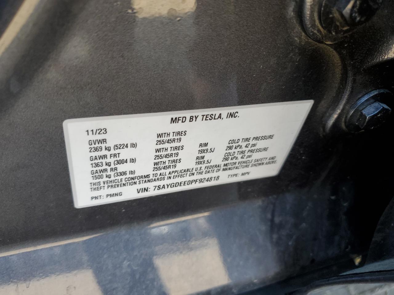 2023 TESLA MODEL Y VIN:7SAYGDEE0PF924818