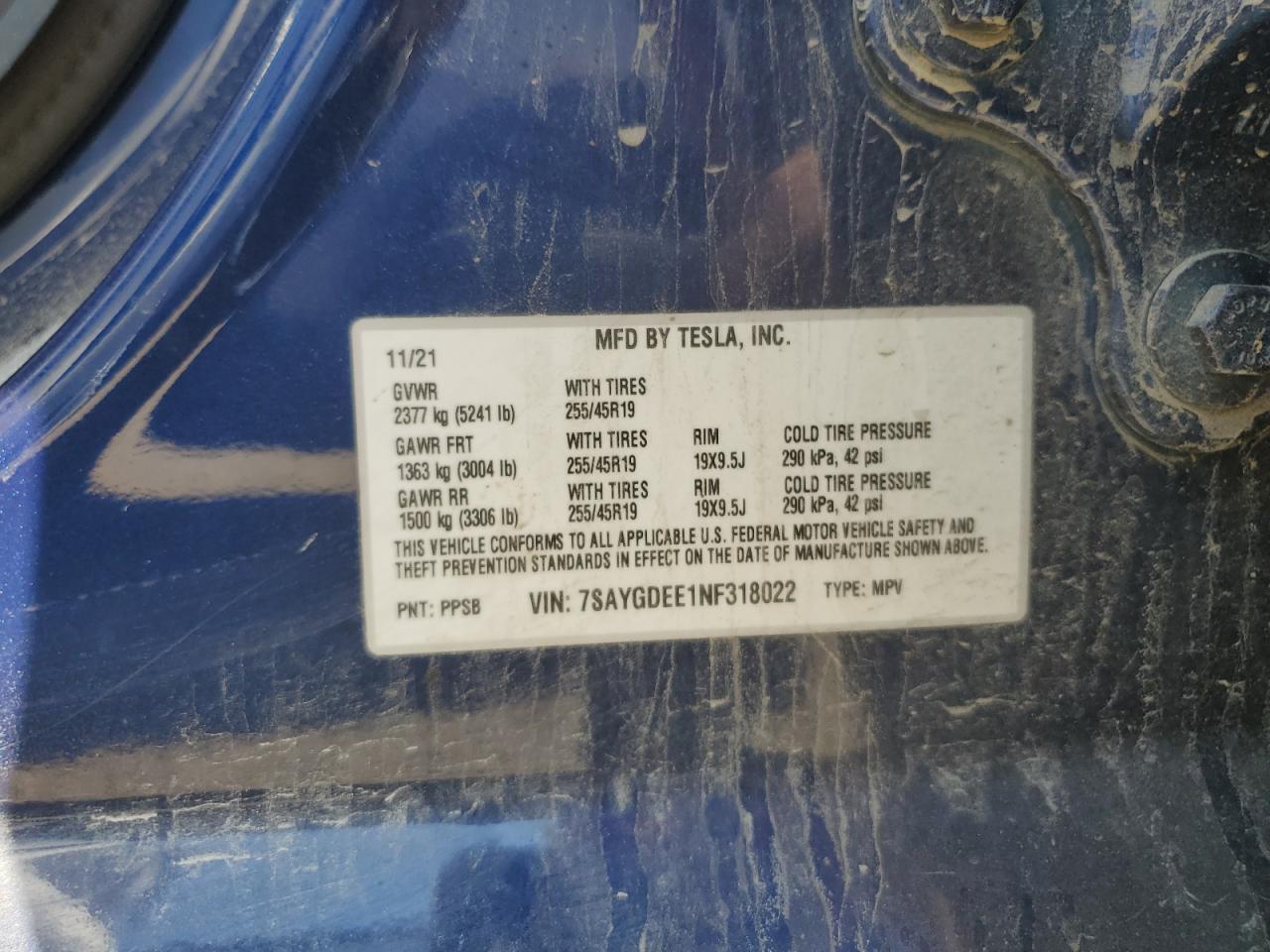 2022 TESLA MODEL Y VIN:7SAYGDEE1NF318022