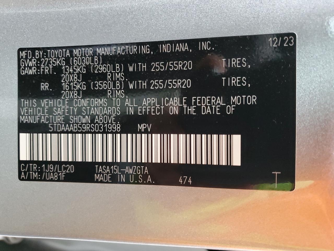 2024 TOYOTA GRAND HIGHLANDER XLE VIN:5TDAAAB59RS031998