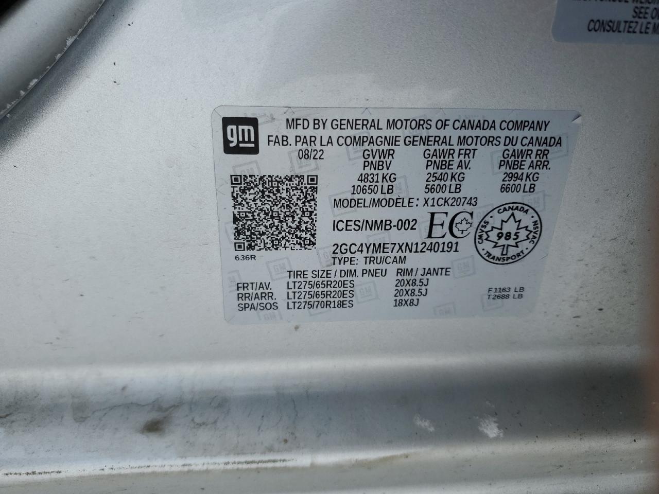 2022 CHEVROLET SILVERADO K2500 CUSTOM VIN:2GC4YME7XN1240191