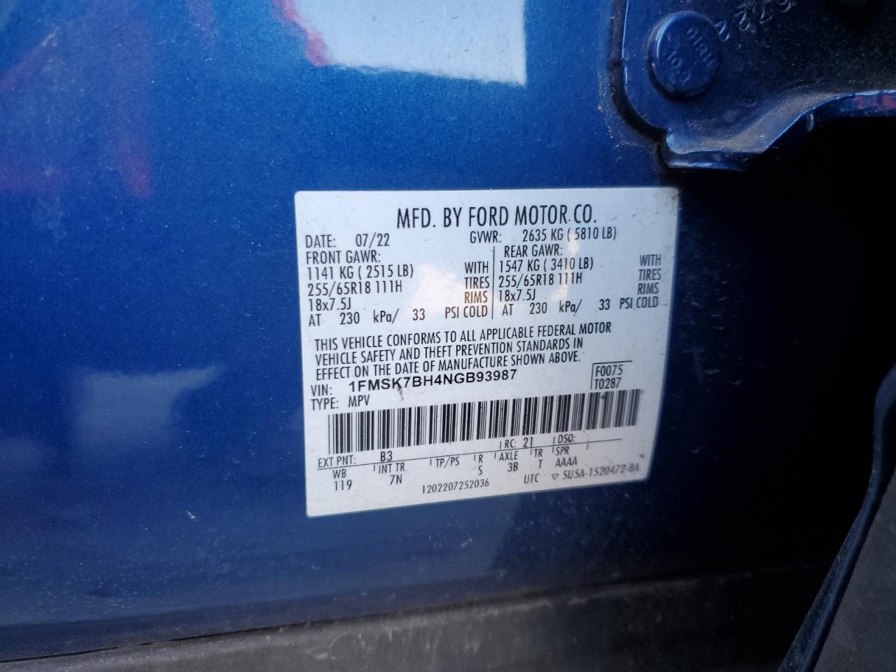 2022 FORD EXPLORER VIN:1FMSK7BH4NGB93987