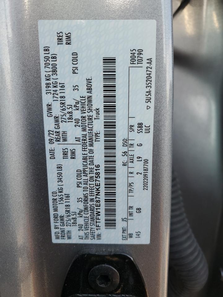 2022 FORD F150 SUPERCREW VIN:WP0AA2A8XNS255297