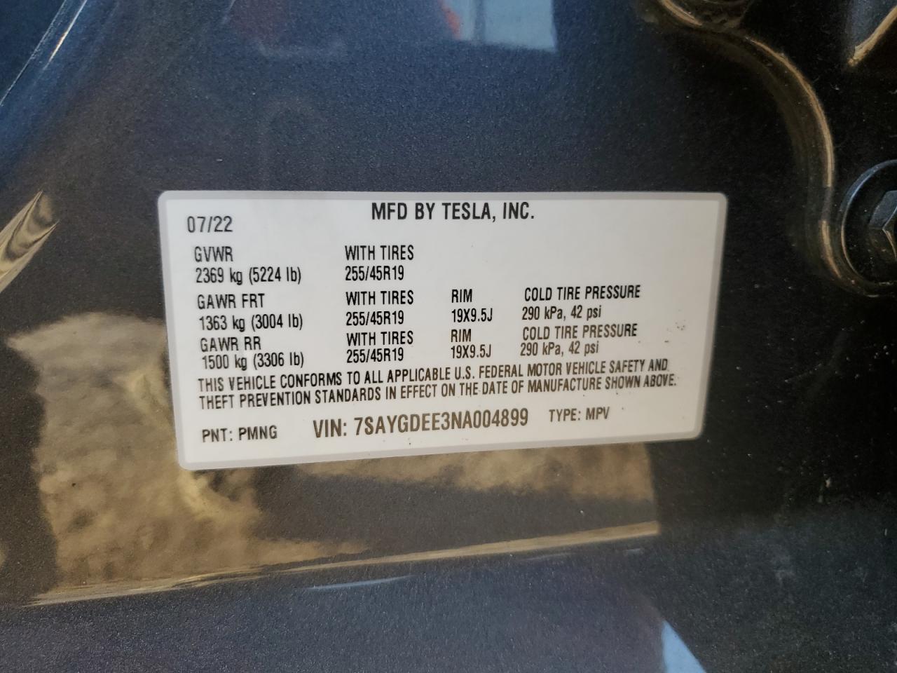 2022 TESLA MODEL Y VIN:7SAYGDEE3NA004899