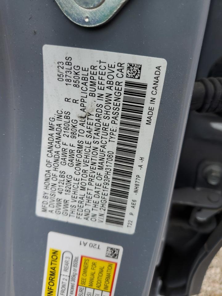 2023 HONDA CIVIC TOURING VIN:2HGFE1F93PH317060