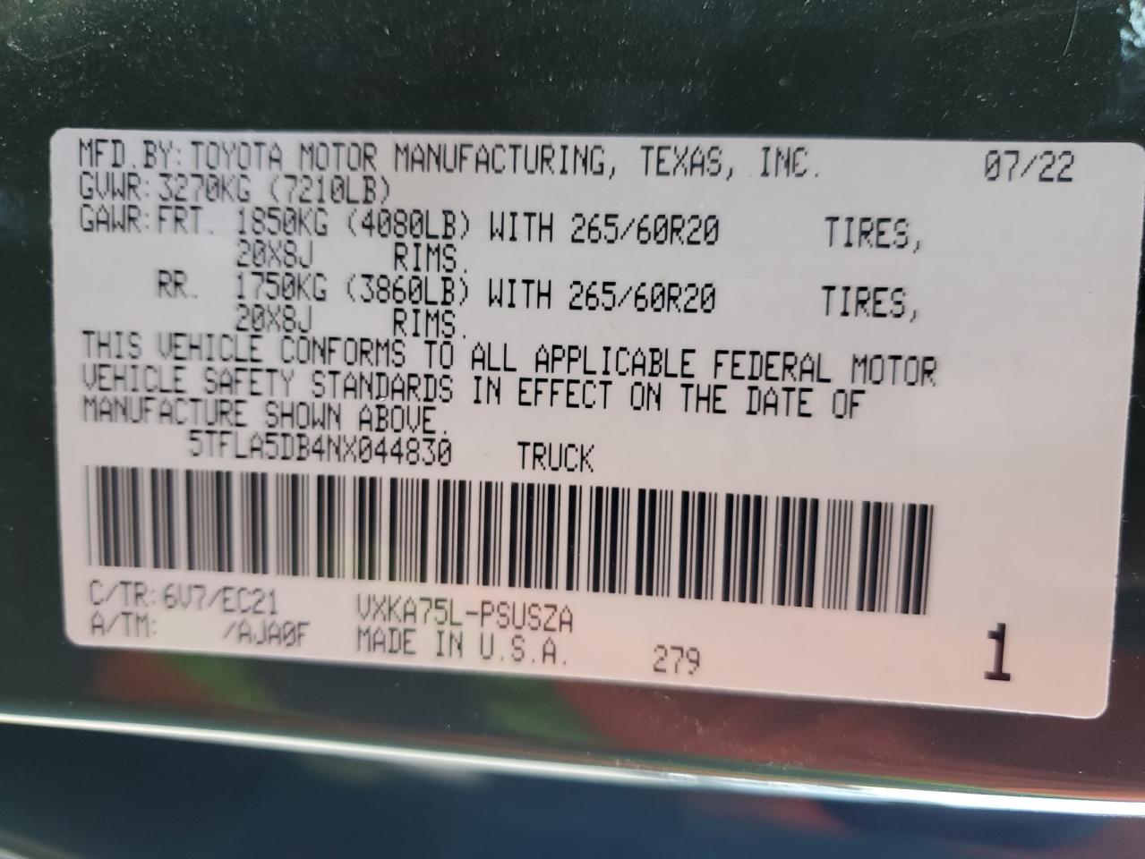 2022 TOYOTA TUNDRA CREWMAX SR VIN:5TFLA5DB4NX044830