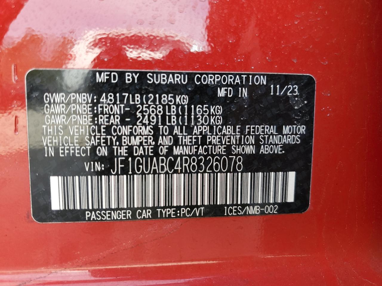 2024 SUBARU IMPREZA VIN:JF1GUABC4R8326078