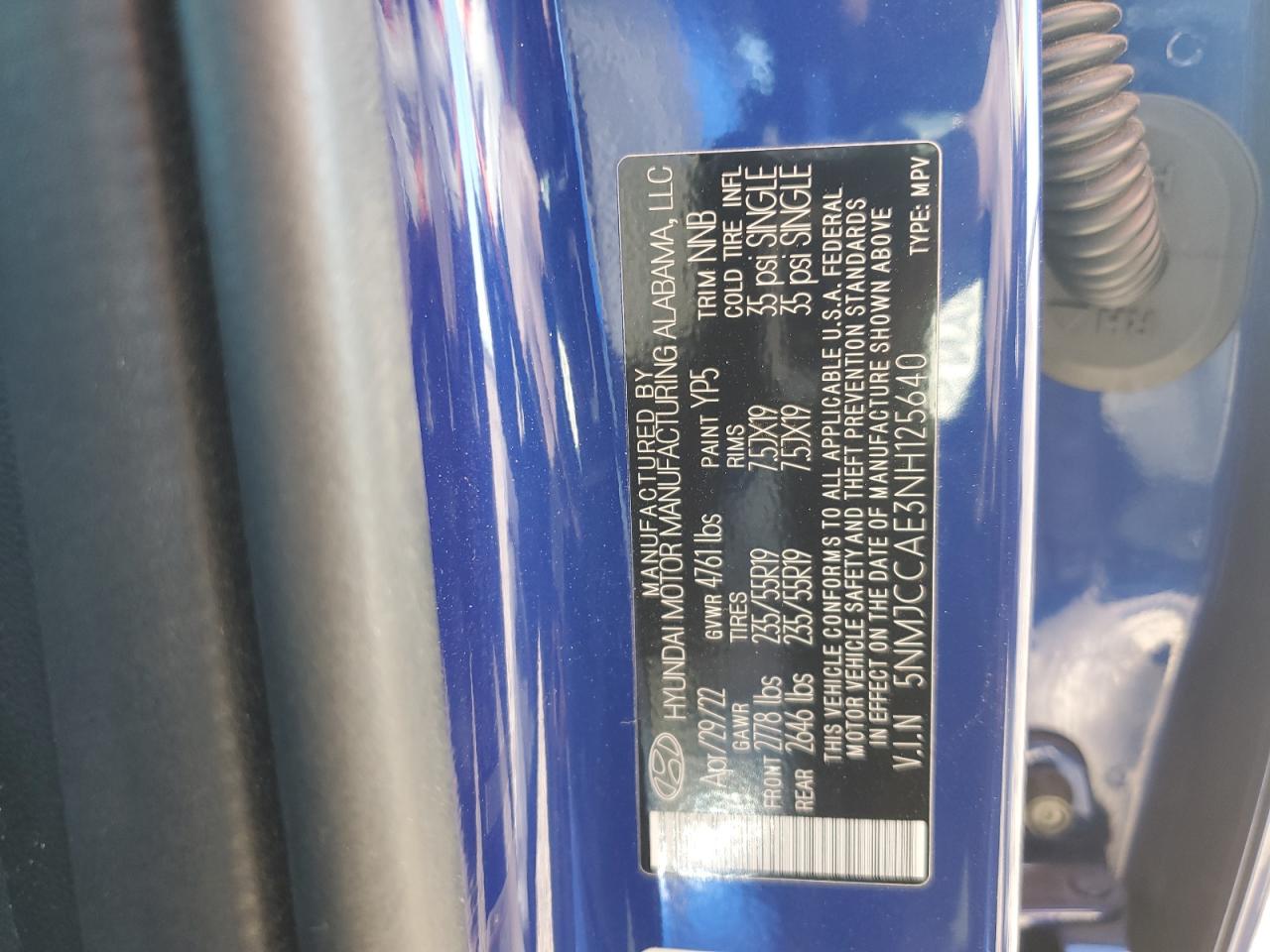 2022 HYUNDAI TUCSON SEL VIN:5NMJCCAE3NH125640