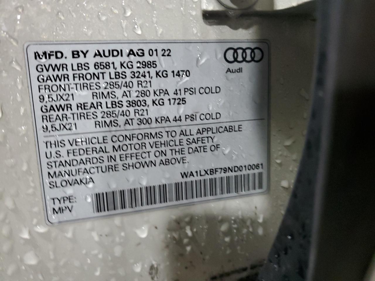 2022 AUDI Q7 PREMIUM PLUS VIN:1GCWGAFG6L1218734