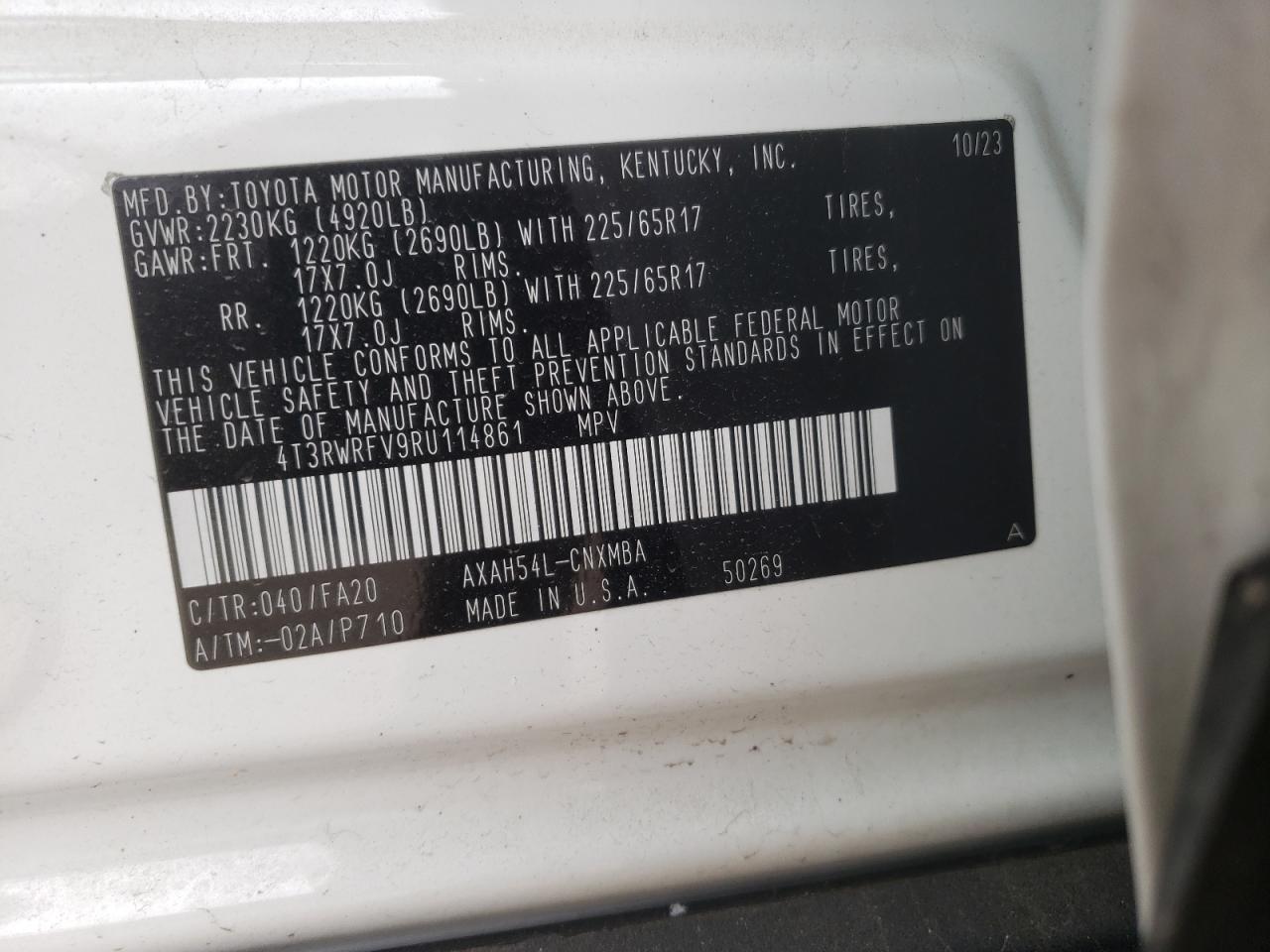 2024 TOYOTA RAV4 XLE VIN:4T3RWRFV9RU114861