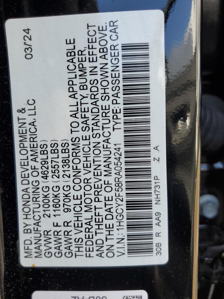 2024 HONDA ACCORD HYBRID SPORT VIN:1HGCY2F58RA054241