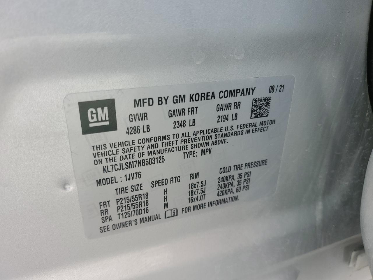 2022 CHEVROLET TRAX 1LT VIN:KL7CJLSM7NB503125