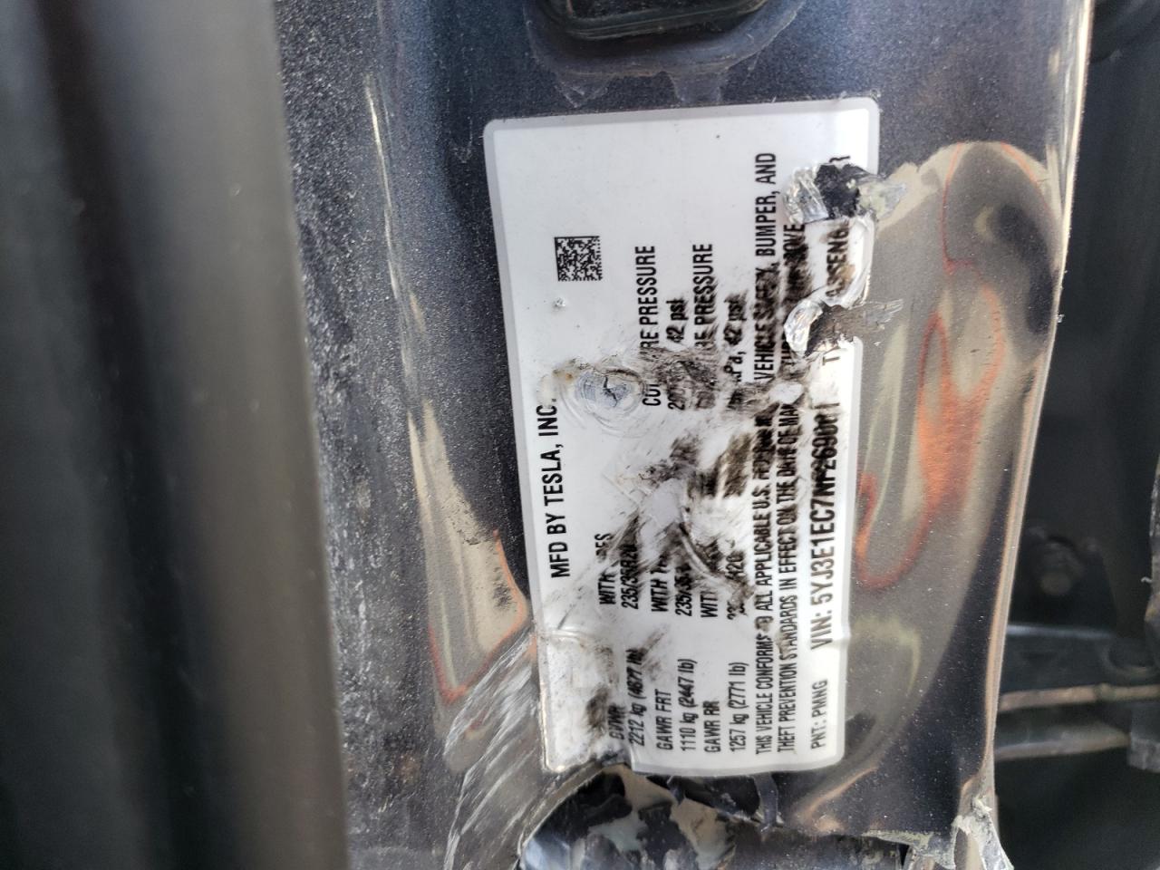 2022 TESLA MODEL 3 VIN:5YJ3E1EC7NF269001