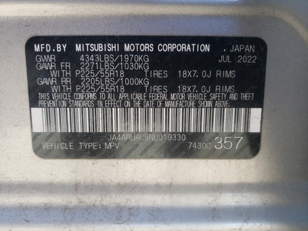 2022 MITSUBISHI OUTLANDER SPORT ES VIN:JA4ARUAU8NU019330