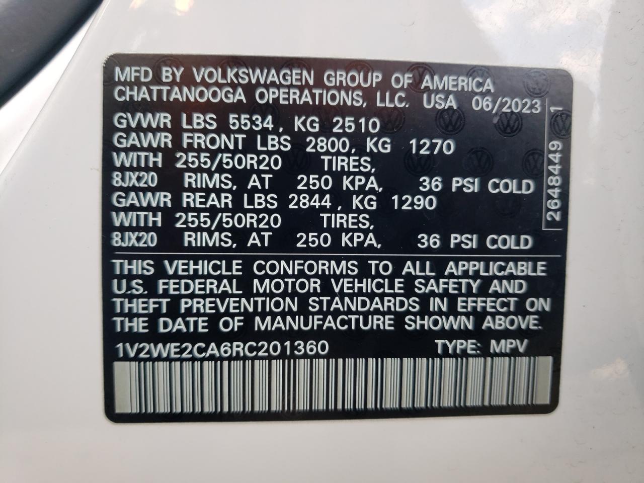 2024 VOLKSWAGEN ATLAS CROSS SPORT SE VIN:1V2WE2CA6RC201360