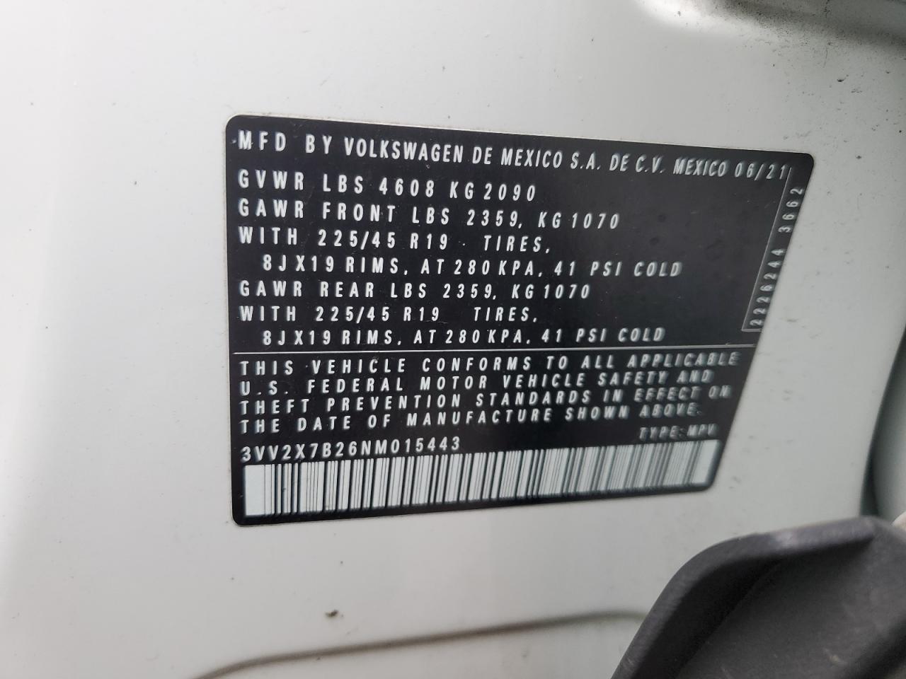 2022 VOLKSWAGEN TAOS SEL VIN:3VV2X7B26NM015443