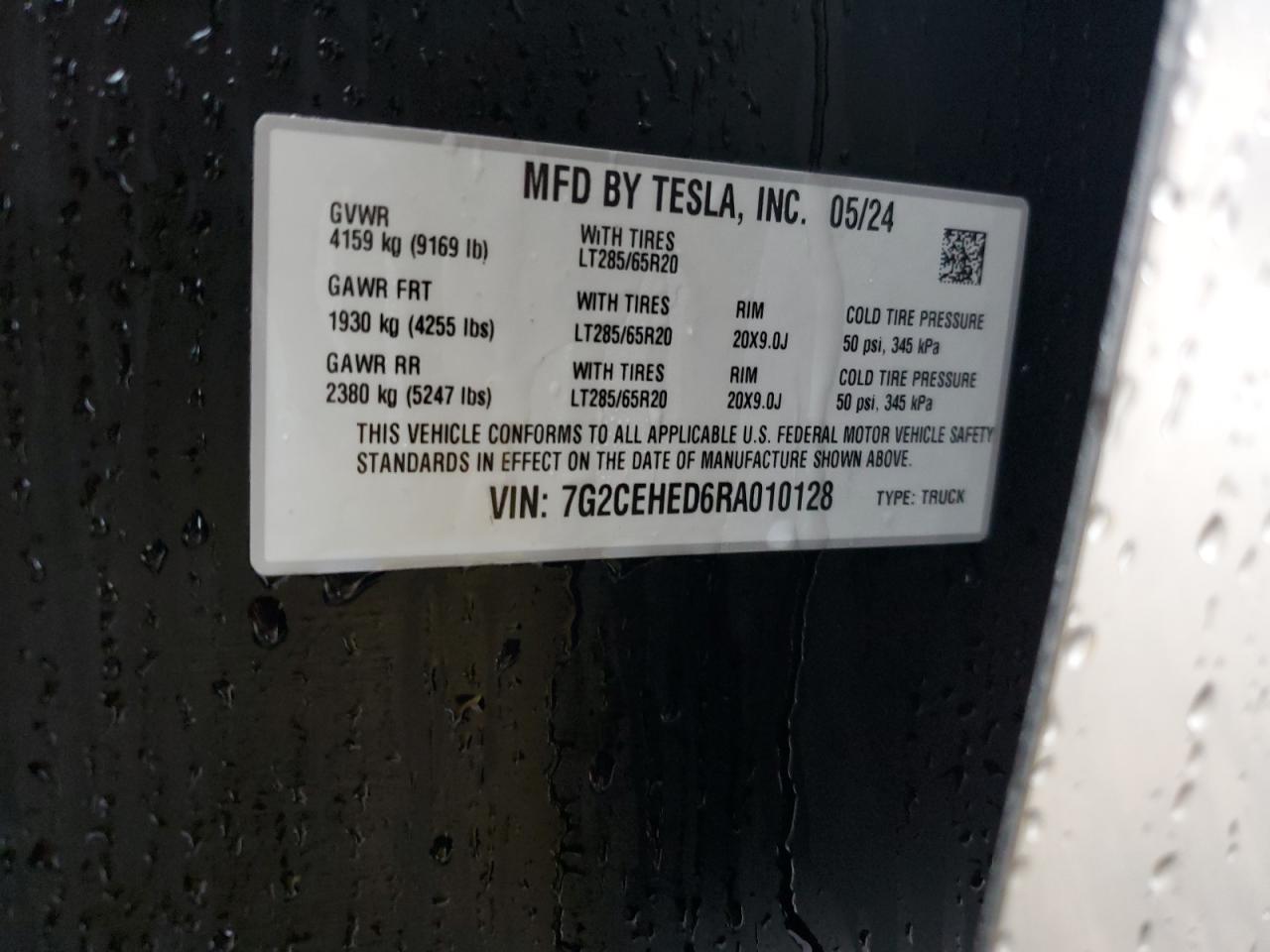 2024 TESLA CYBERTRUCK VIN:7G2CEHED6RA010128