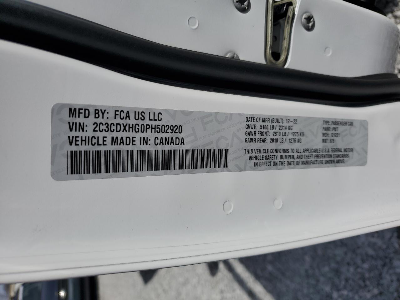 2023 DODGE CHARGER GT VIN:2C3CDXHG0PH502920