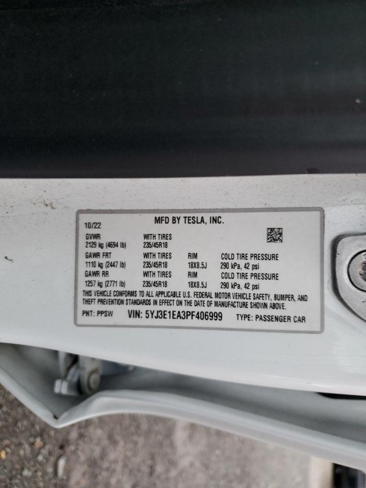 2023 TESLA MODEL 3 VIN:5YJ3E1EA3PF406999