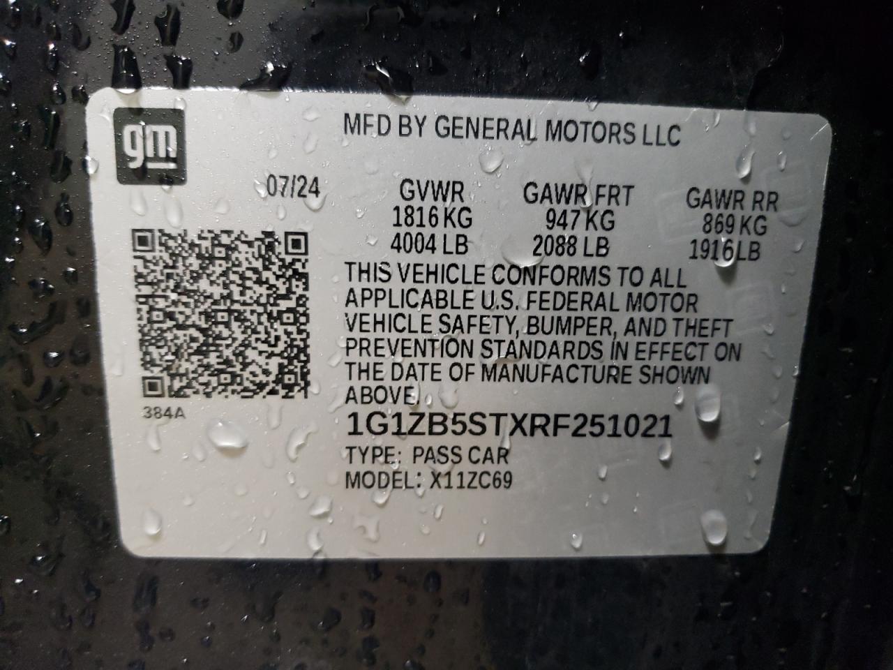 2024 CHEVROLET MALIBU LS VIN:1G1ZB5STXRF251021