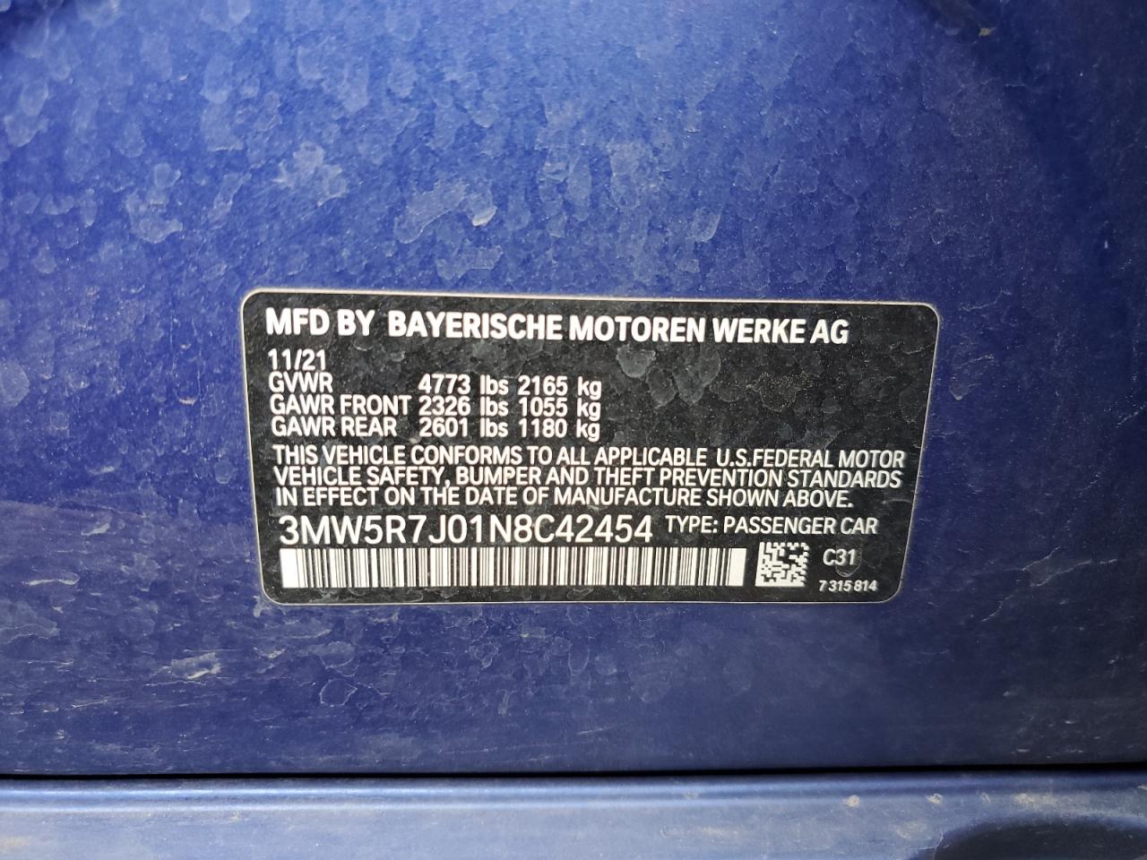 2022 BMW 330XI VIN:3MW5R7J01N8C42454