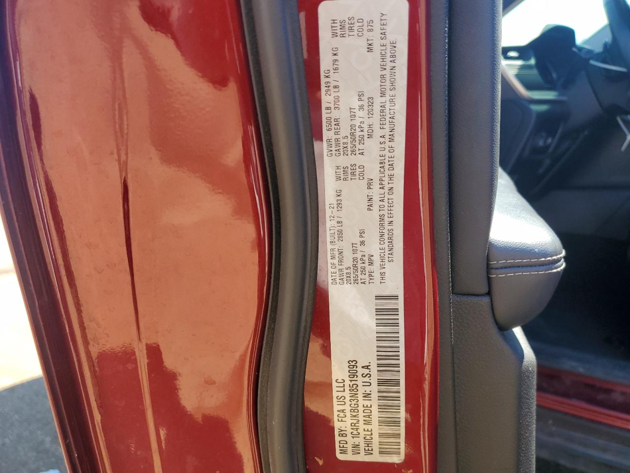 2022 JEEP GRAND CHEROKEE L LIMITED VIN:1C4RJKBG3N8519093