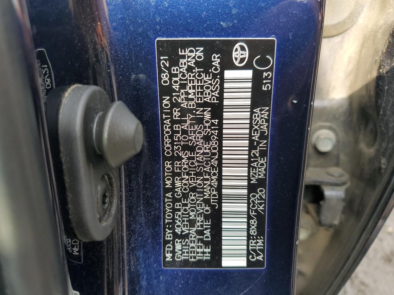 2022 TOYOTA COROLLA SE VIN:JTDP4MCE4NJ089414