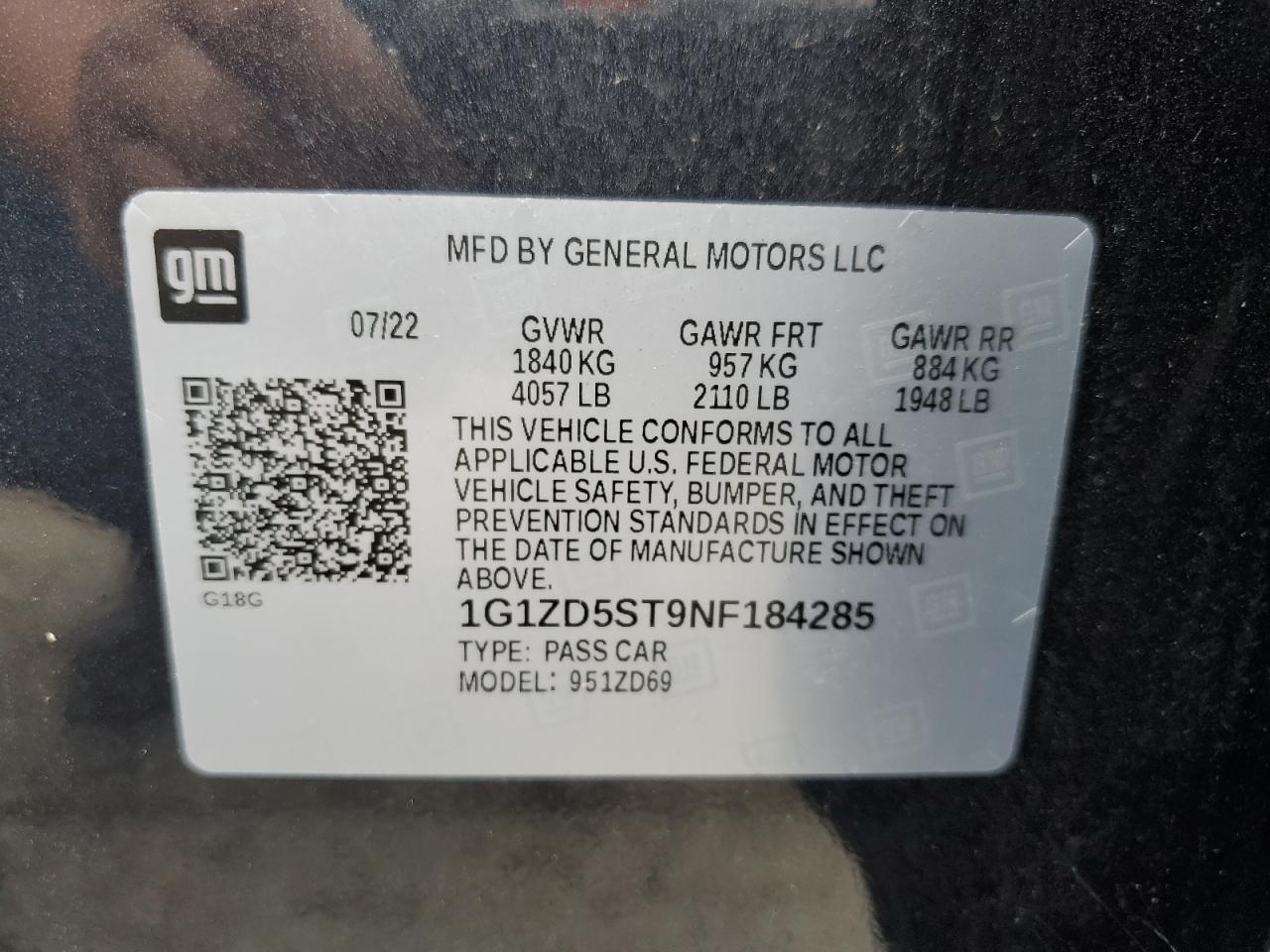 2022 CHEVROLET MALIBU LT VIN:1G1ZD5ST9NF184285