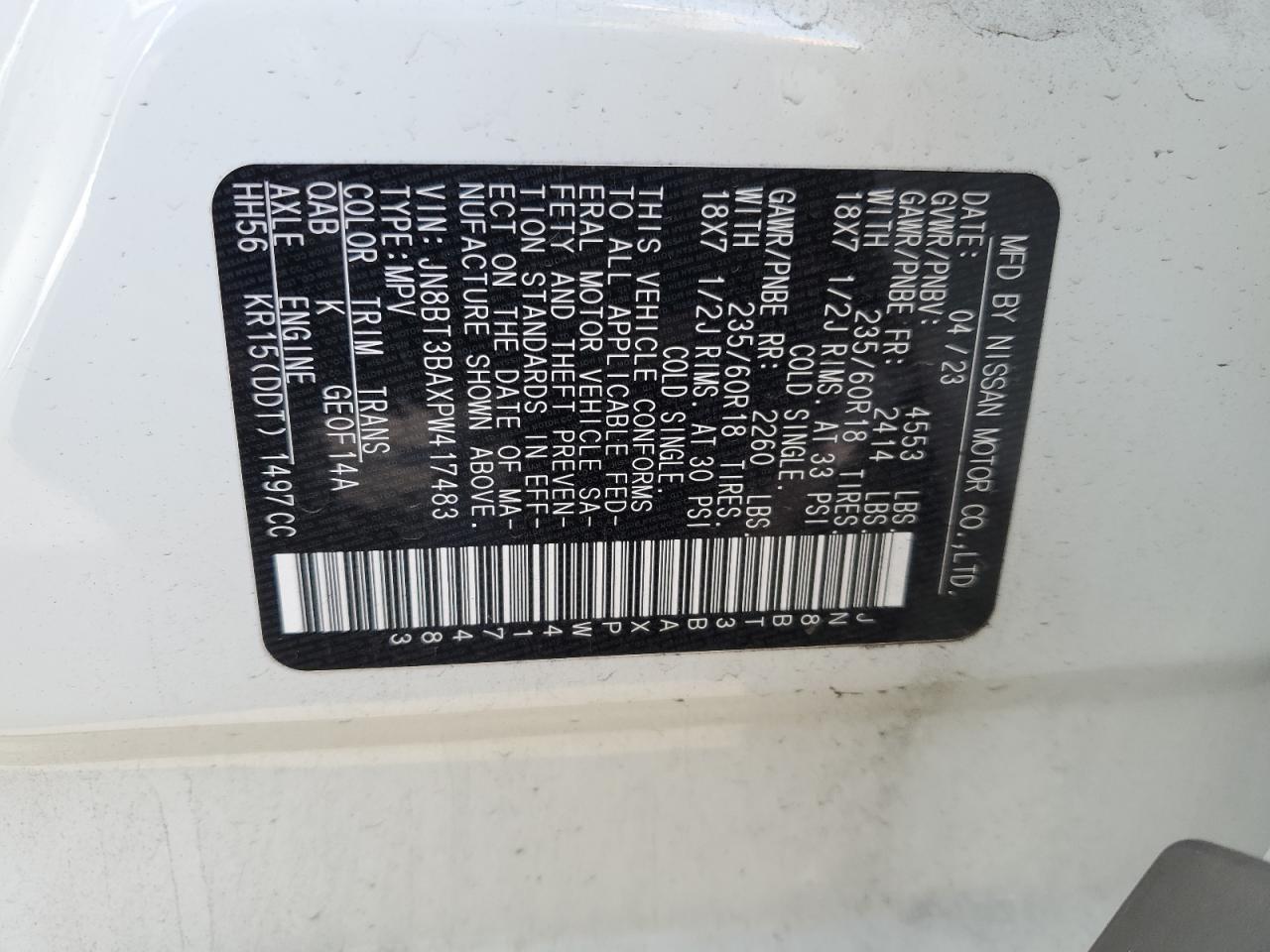 2023 NISSAN ROGUE SV VIN:JN8BT3BAXPW417483