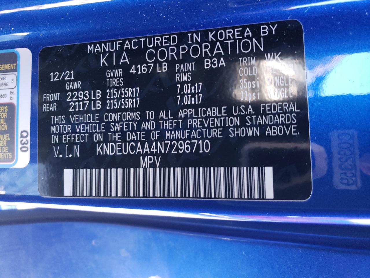 2022 KIA SELTOS S VIN:KNDEUCAA4N7296710