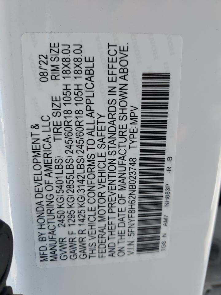 2022 HONDA PASSPORT TRAIL SPORT VIN:5FNYF8H62NB023748
