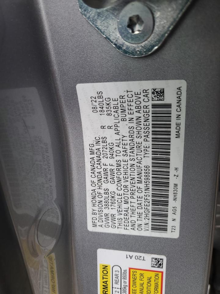 2022 HONDA CIVIC SPORT VIN:2HGFE2F51NH598856