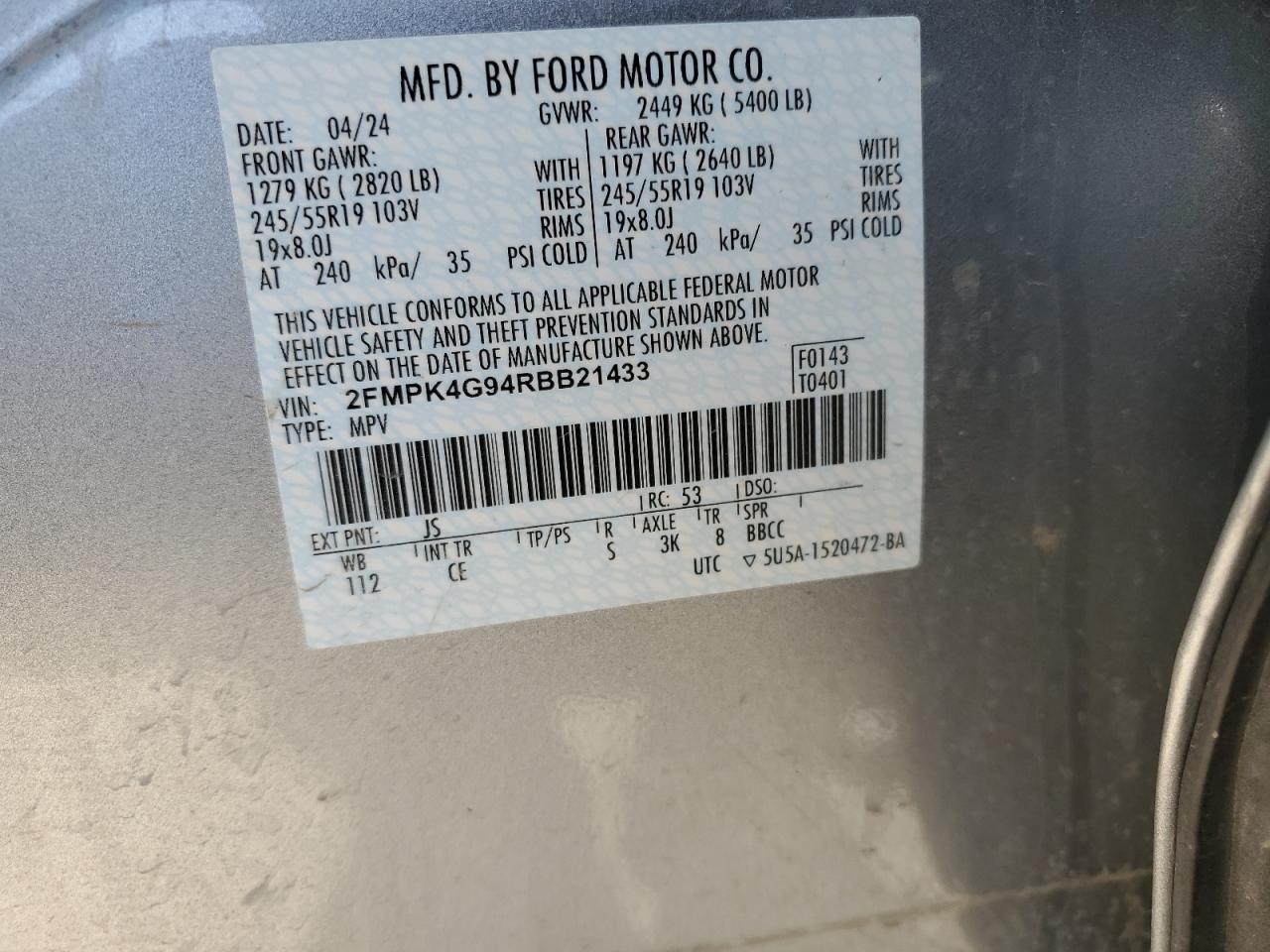 2024 FORD EDGE SE VIN:2FMPK4G94RBB21433