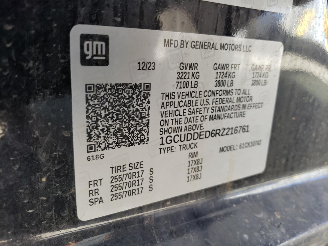 2024 CHEVROLET SILVERADO K1500 LT VIN:1GCUDDED6RZ216761