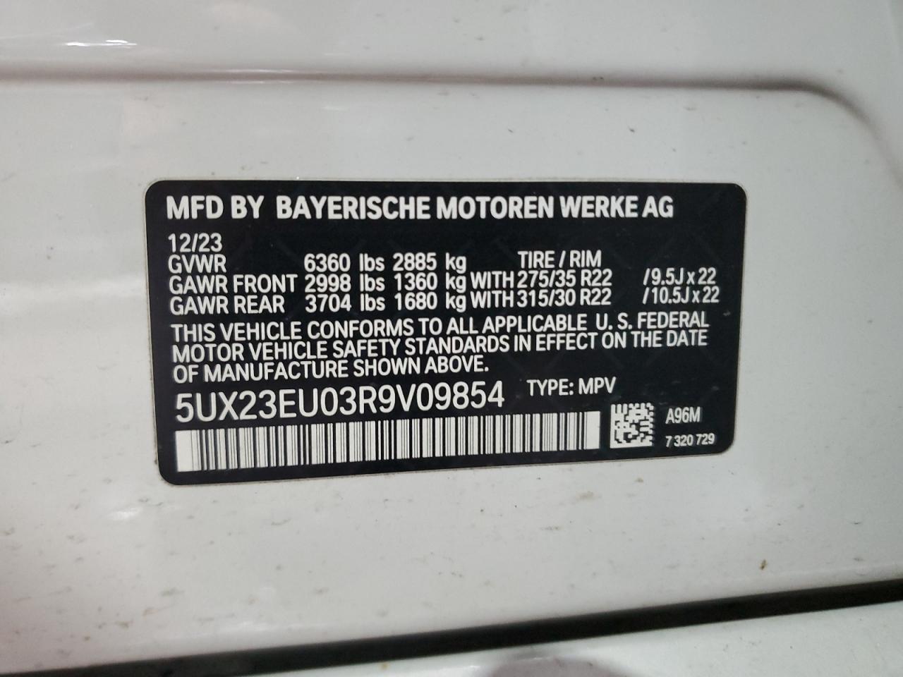 2024 BMW X5 XDRIVE40I VIN:5UX23EU03R9V09854