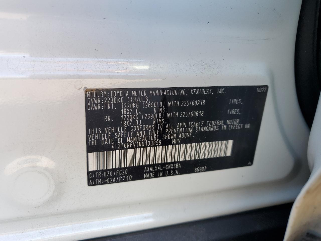 2022 TOYOTA RAV4 SE VIN:4T3T6RFV1NU103899