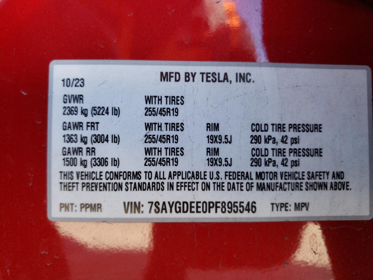 2023 TESLA MODEL Y VIN:7SAYGDEE0PF895546