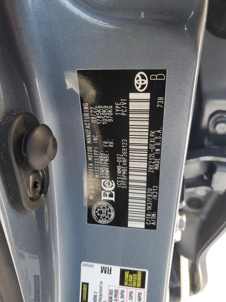 2022 TOYOTA COROLLA LE VIN:5YFBPMBE4NP369123