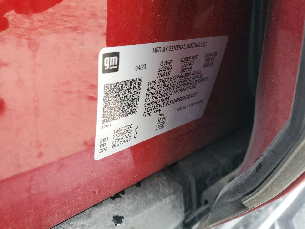 2023 CHEVROLET SUBURBAN K1500 RST VIN:1GNSKEKD5PR354447