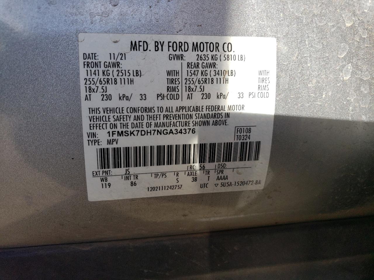 2022 FORD EXPLORER XLT VIN:1FMSK7DH7NGA34376