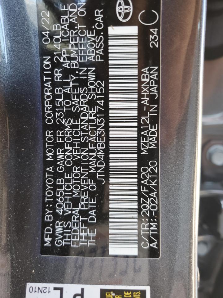 2022 TOYOTA COROLLA SE VIN:JTND4MBE3N3174152