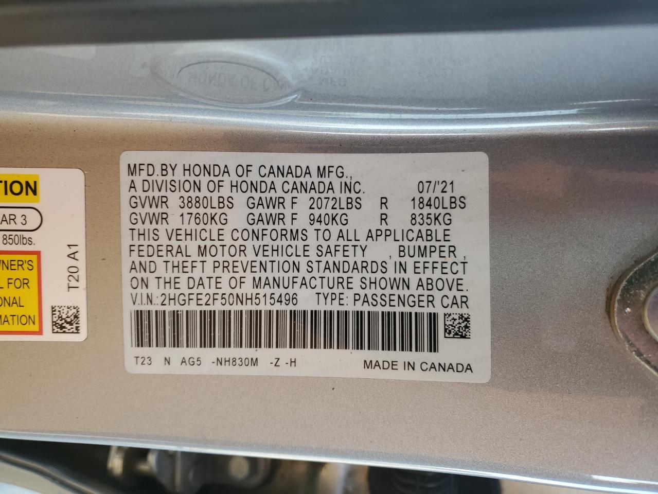 2022 HONDA CIVIC SPORT VIN:2HGFE2F50NH515496