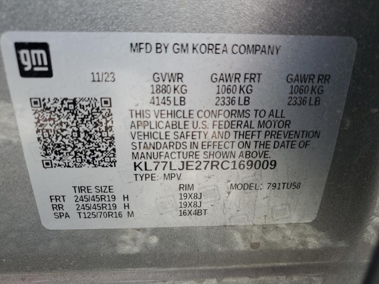 2024 CHEVROLET TRAX 2RS VIN:KL77LJE27RC169009