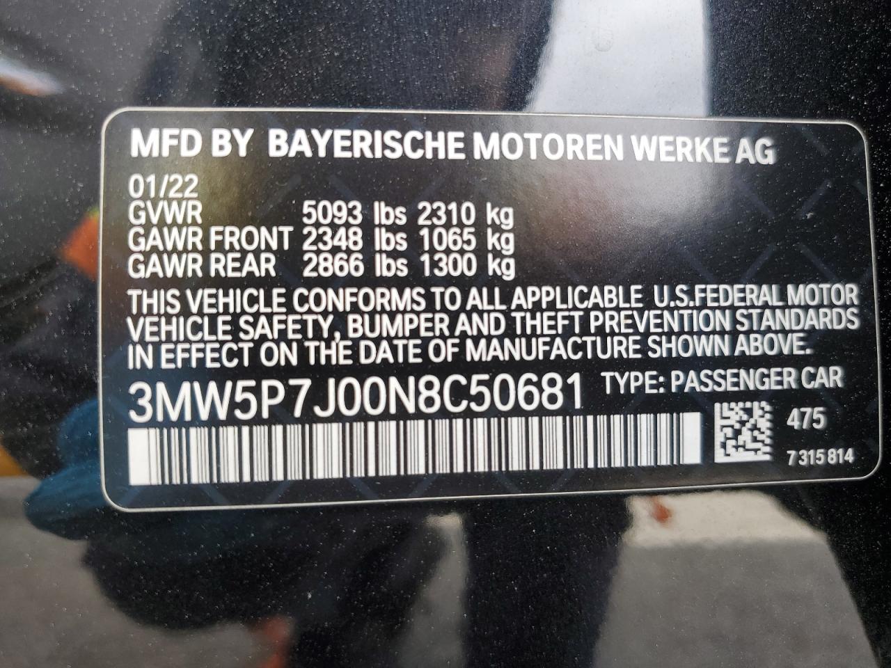 2022 BMW 330E VIN:3MW5P7J00N8C50681