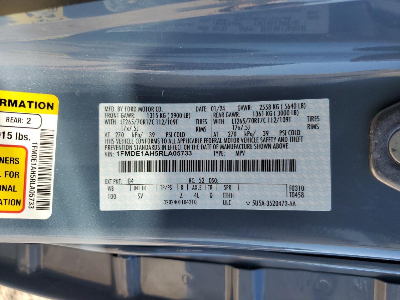 2024 FORD BRONCO BLACK DIAMOND VIN:1FMDE1AH5RLA05733