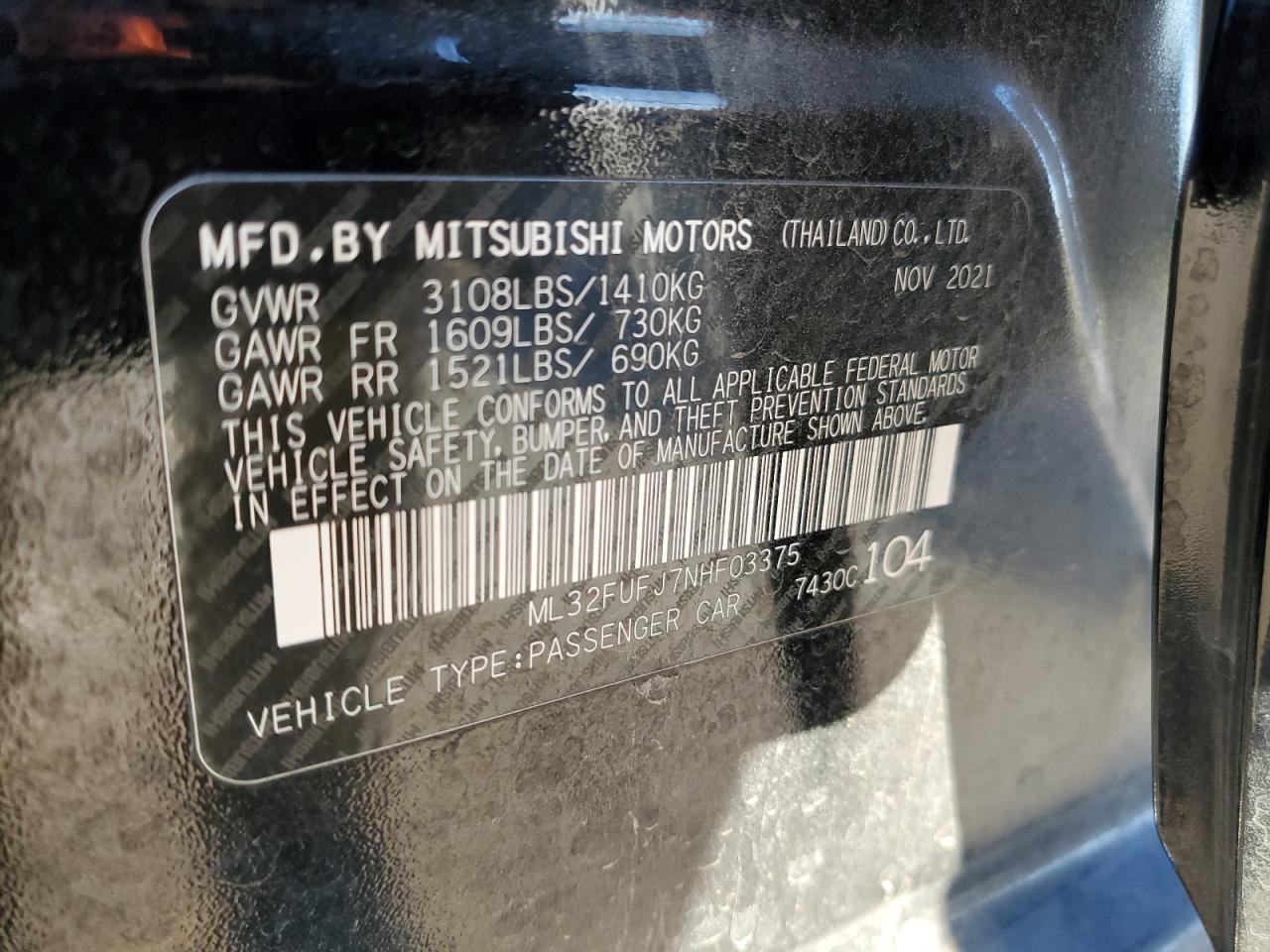 2022 MITSUBISHI MIRAGE G4 ES VIN:ML32FUFJ7NHF03375