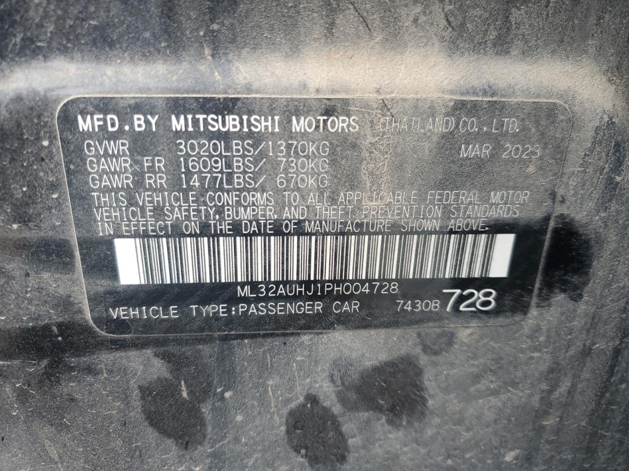 2023 MITSUBISHI MIRAGE ES VIN:ML32AUHJ1PH004728