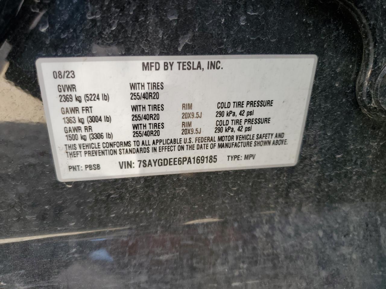 2023 TESLA MODEL Y VIN:7SAYGDEE6PA169185