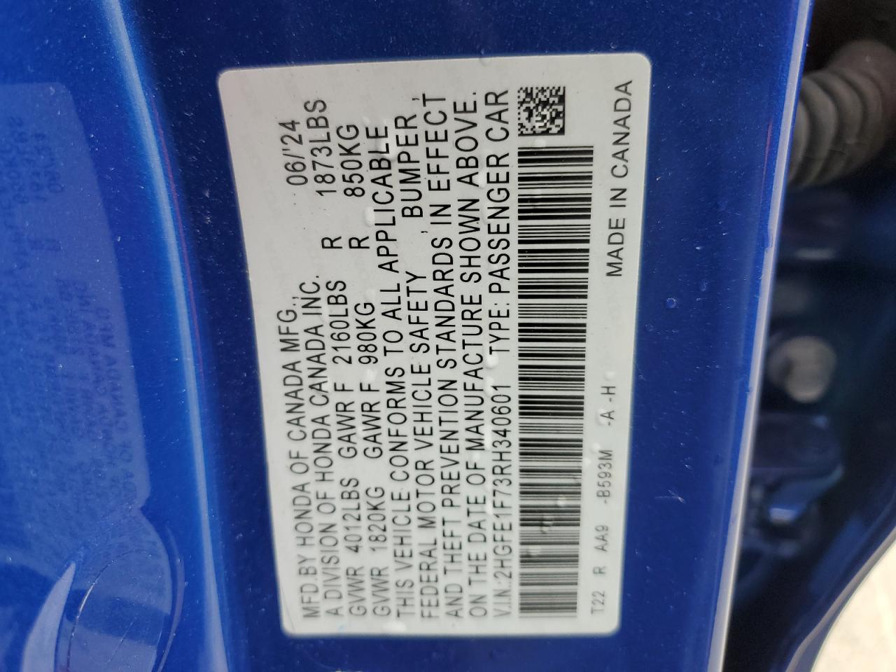 2024 HONDA CIVIC EX VIN:2HGFE1F73RH340601