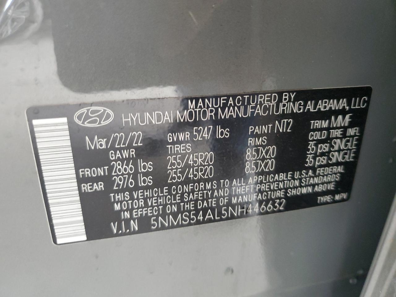 2022 HYUNDAI SANTA FE CALLIGRAPHY VIN:5NMS54AL5NH446632