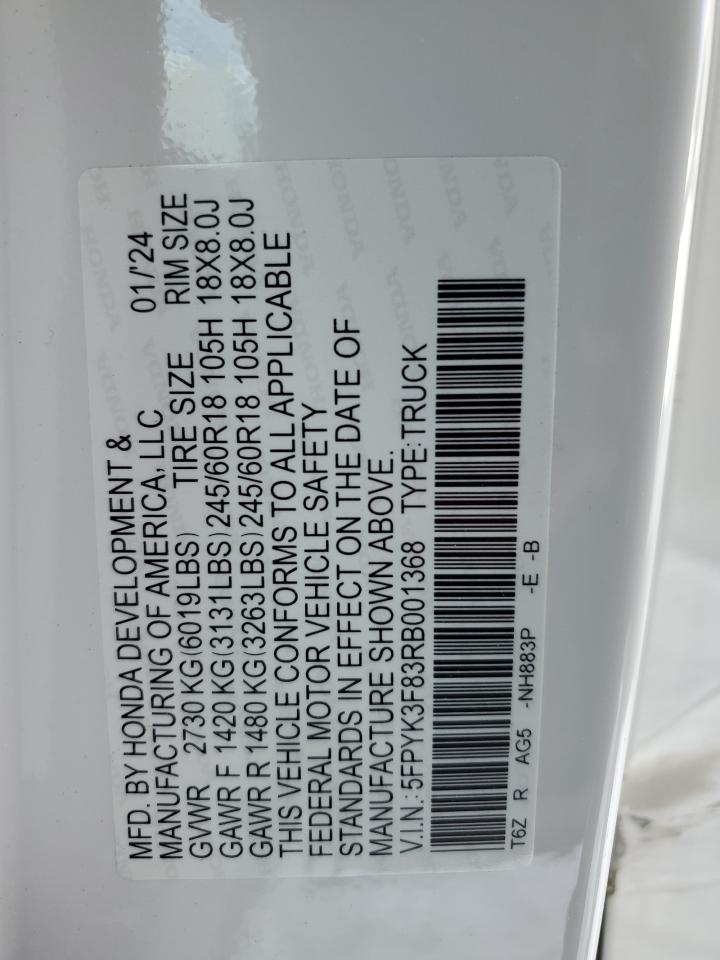 2024 HONDA RIDGELINE BLACK EDITION VIN:5FPYK3F83RB001368